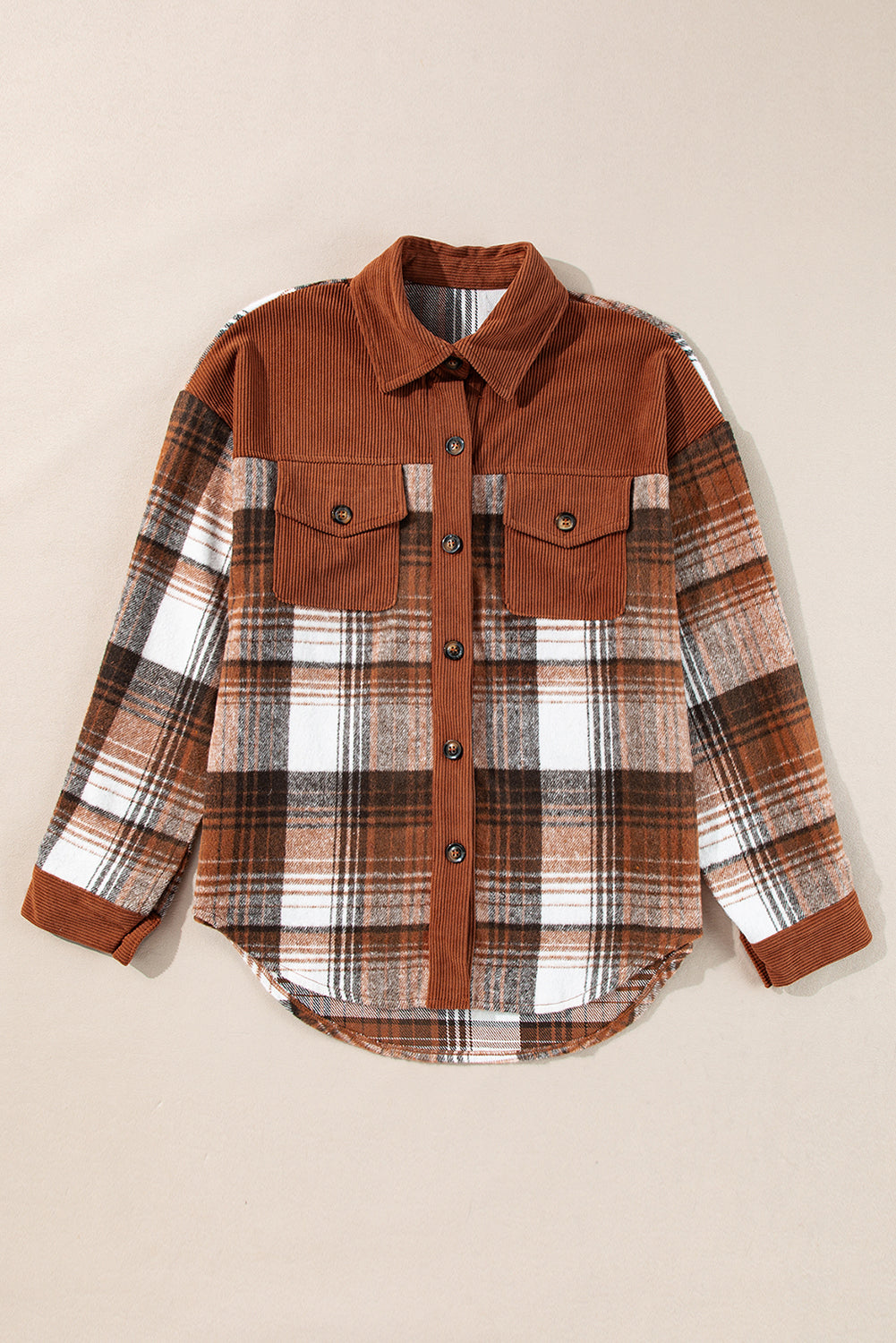 Cinnamon Plaid Corduroy Patchwork Chest Pocket Shacket - Scarlett's Riverside Boutique