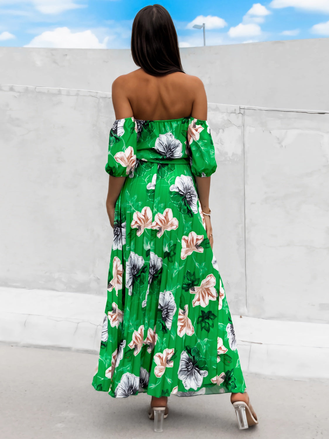 Pleated Floral Off-Shoulder Short Sleeve Midi Dress - Scarlett's Riverside Boutique