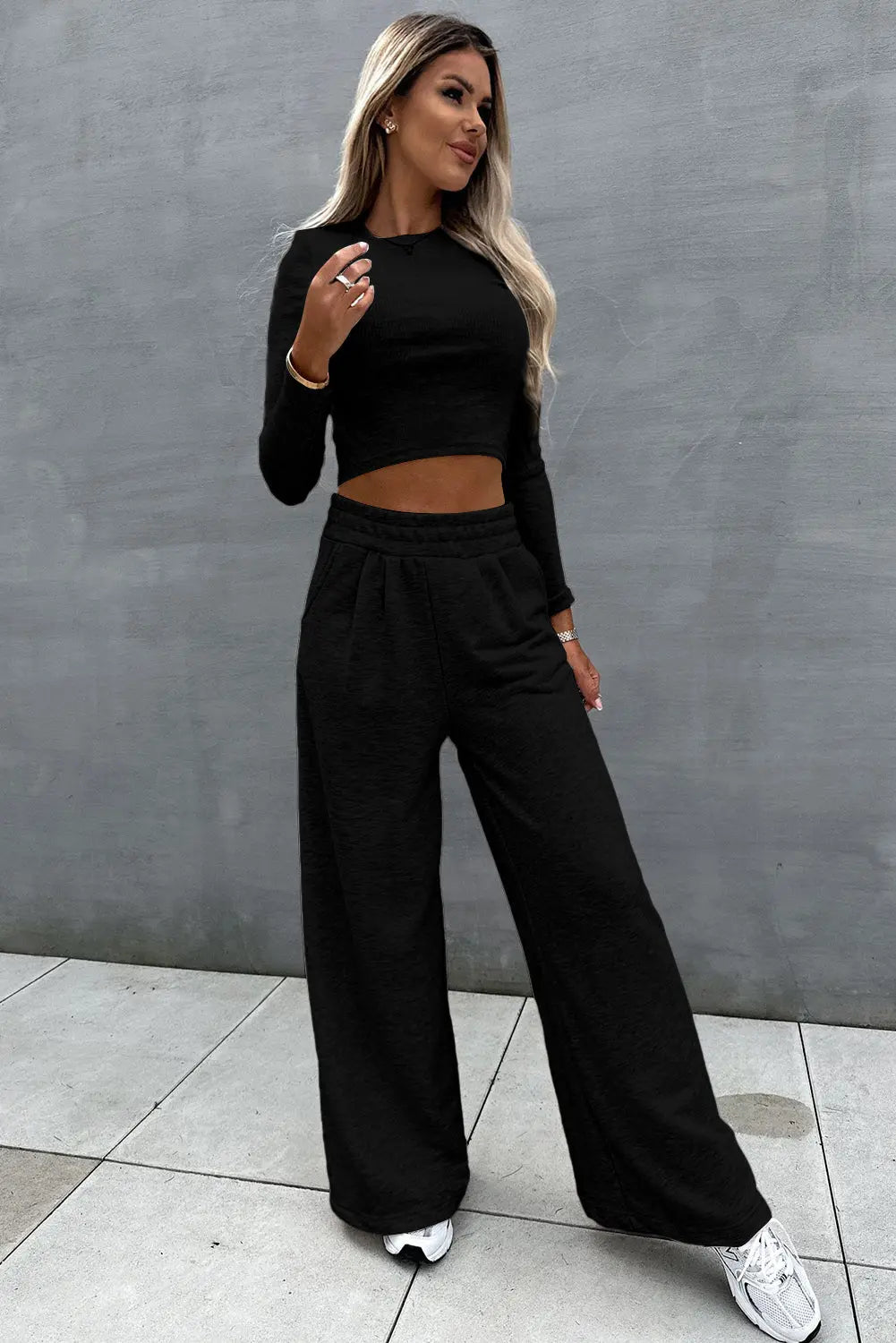 Black Crop Top and Wide Leg Pants Two Piece Set - Scarlett's Riverside Boutique