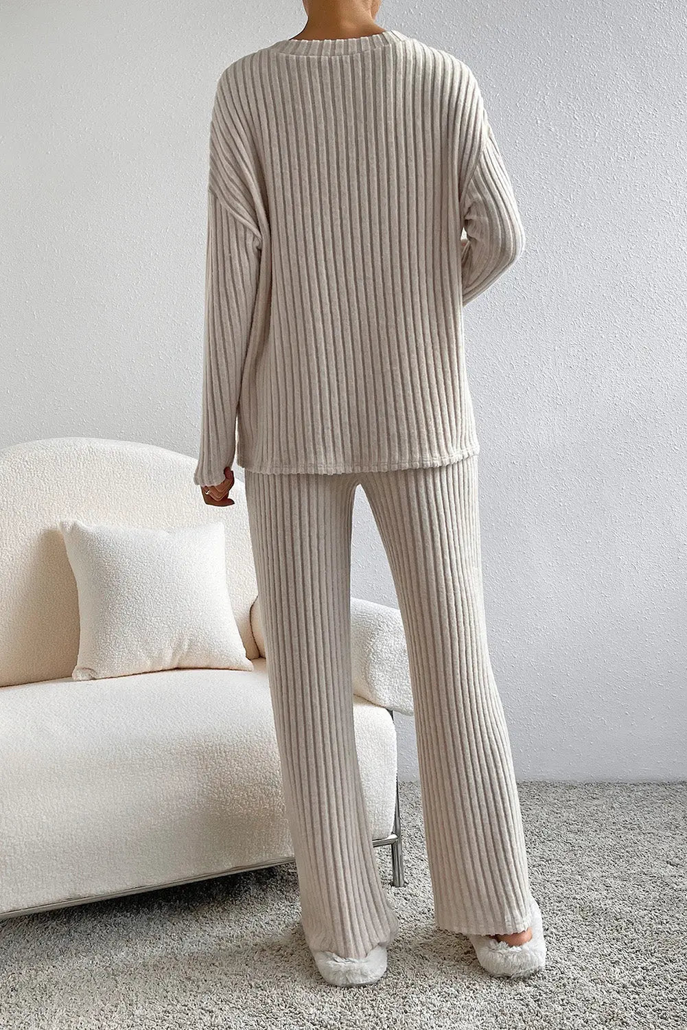 Khaki Ribbed Knit V Neck Slouchy Two-piece Outfit - Scarlett's Riverside Boutique