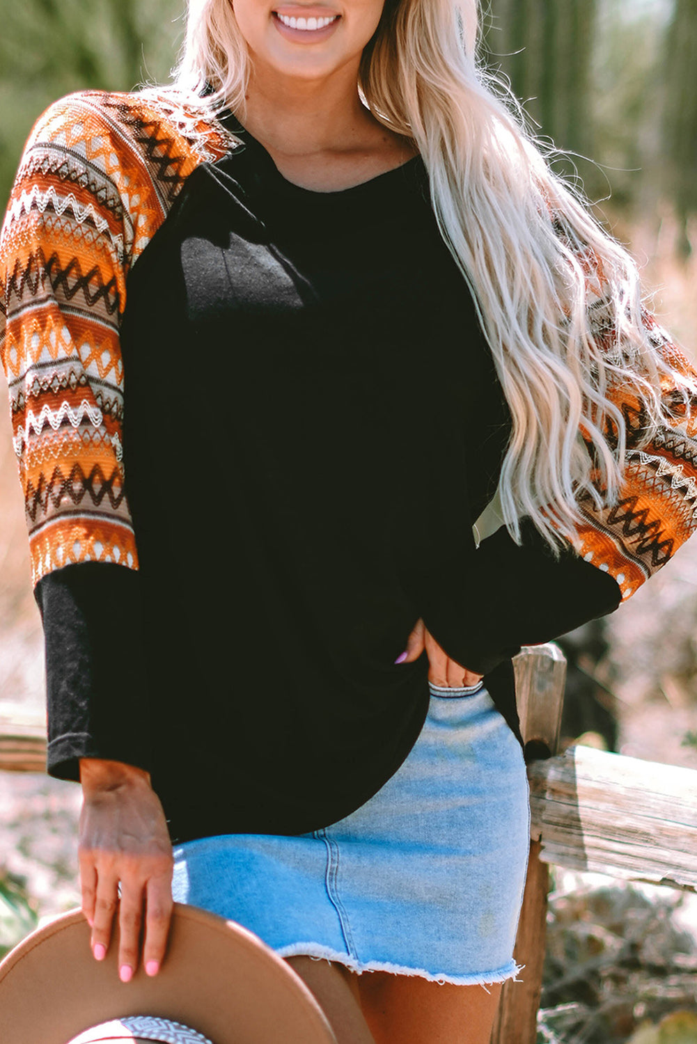 Orange Geo Print Raglan Patchwork Long Sleeve Tee - Scarlett's Riverside Boutique