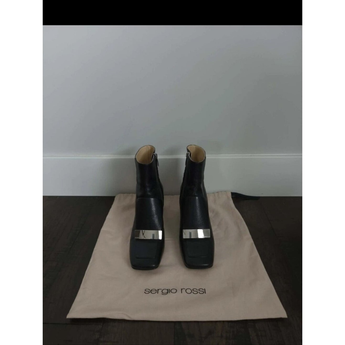 Sergio Rossi Black Leather Ankle Boots Women’s 38 Square Toe Silver Hardware