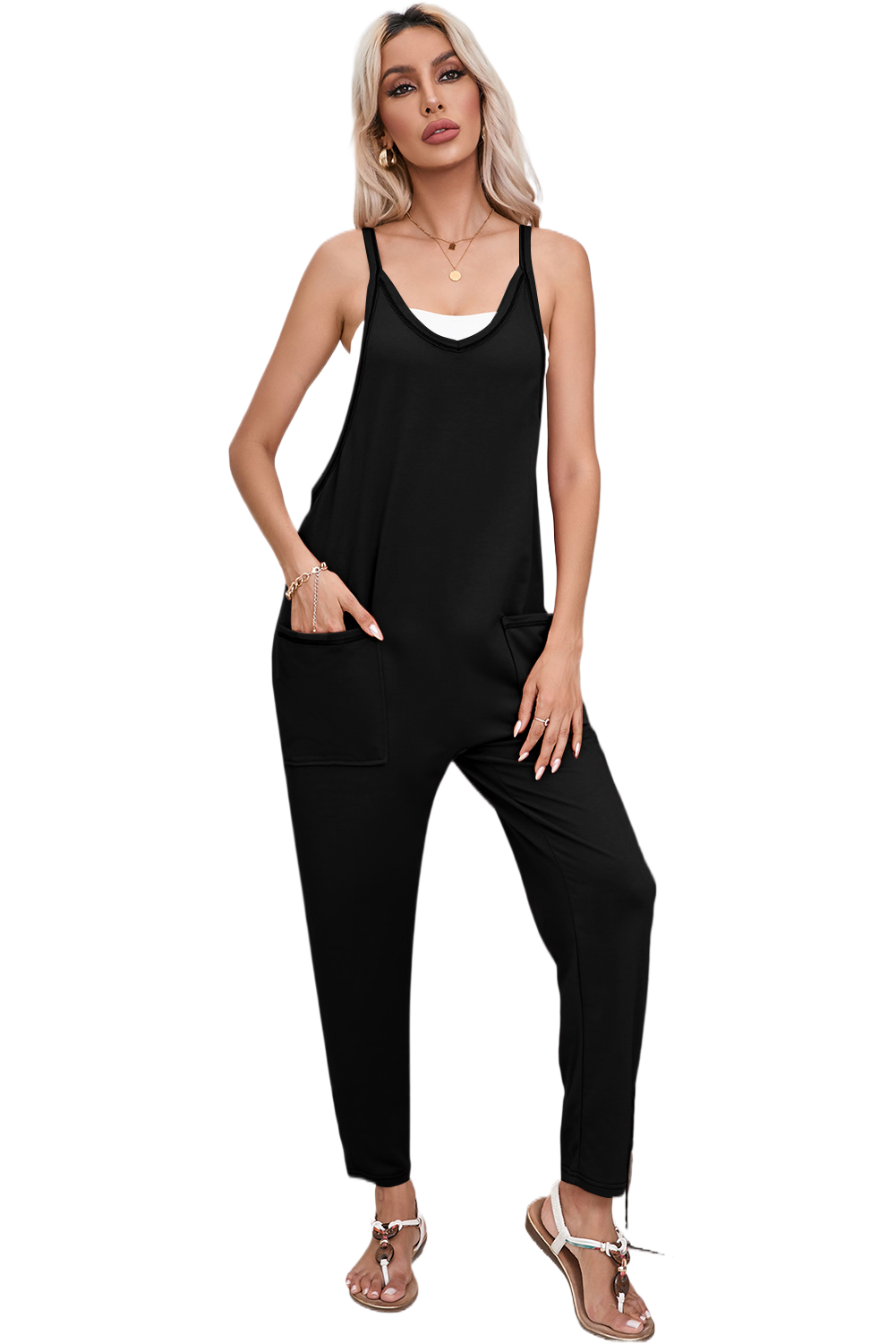 Black Side Pockets Harem Pants Sleeveless V Neck Jumpsuit - Scarlett's Riverside Boutique