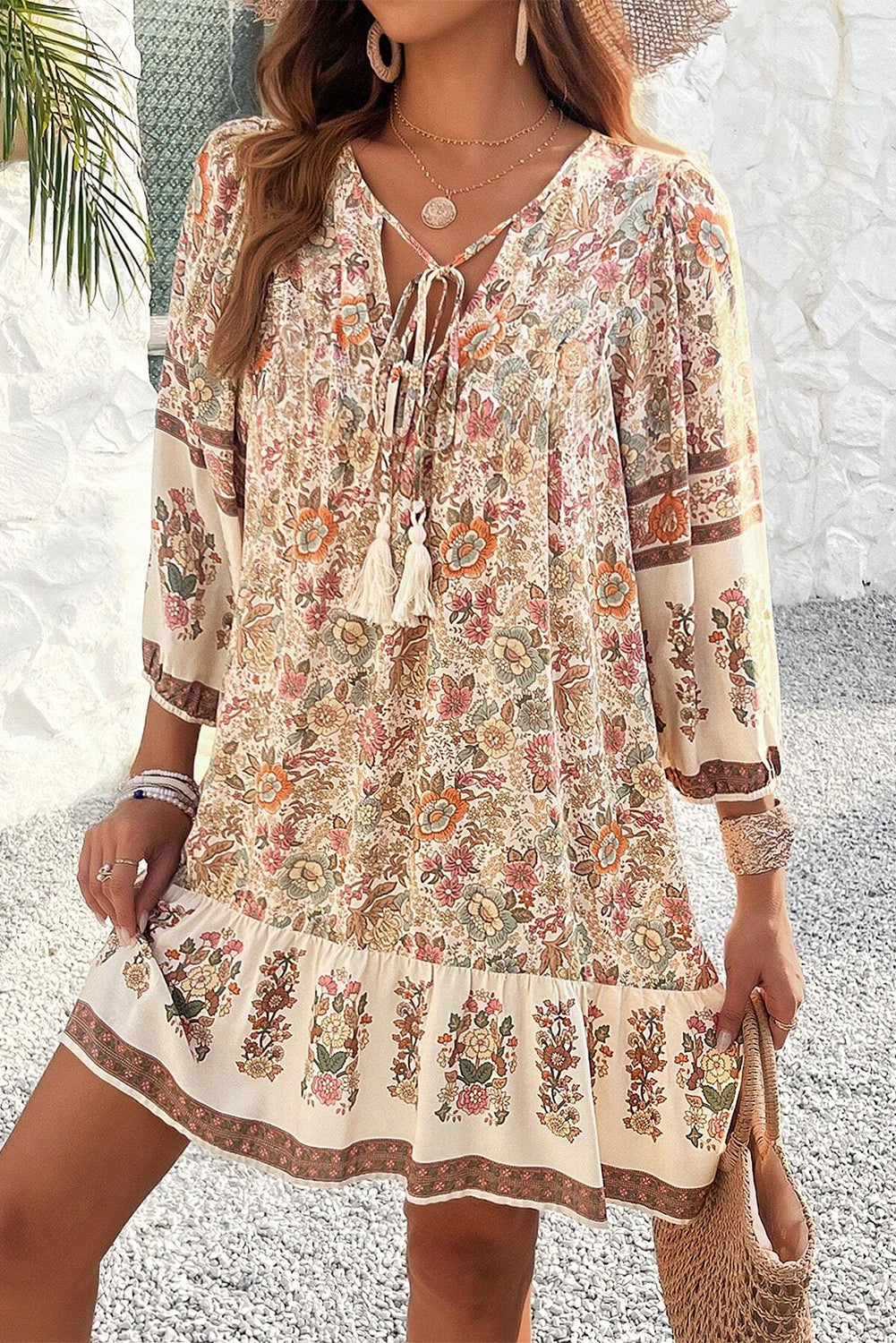 Apricot Floral Print Tassel Drawstring V Neck Loose Mini Dress - Scarlett's Riverside Boutique
