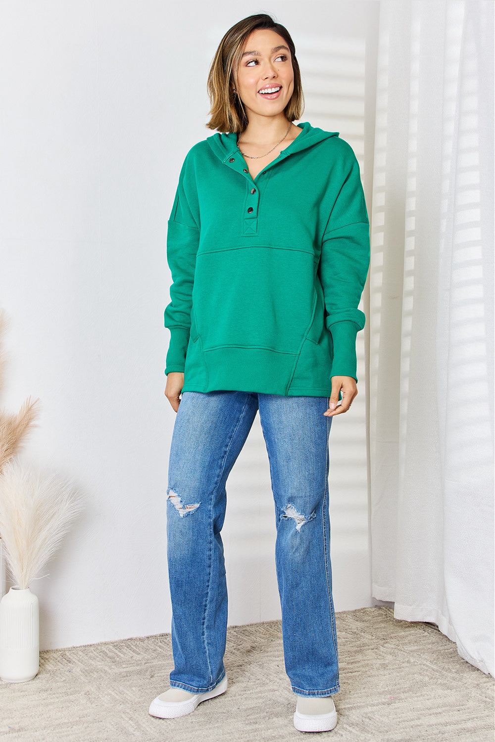 Zenana Half Snap Long Sleeve Hoodie - Scarlett's Riverside Boutique