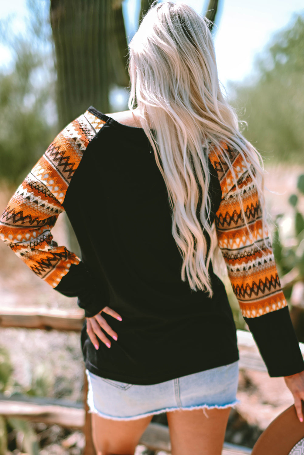 Orange Geo Print Raglan Patchwork Long Sleeve Tee - Scarlett's Riverside Boutique