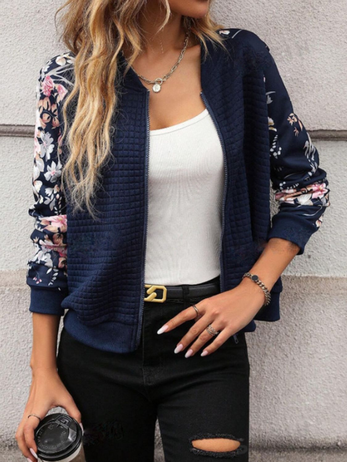 Printed Zip Up Long Sleeve Jacket - Scarlett's Riverside Boutique