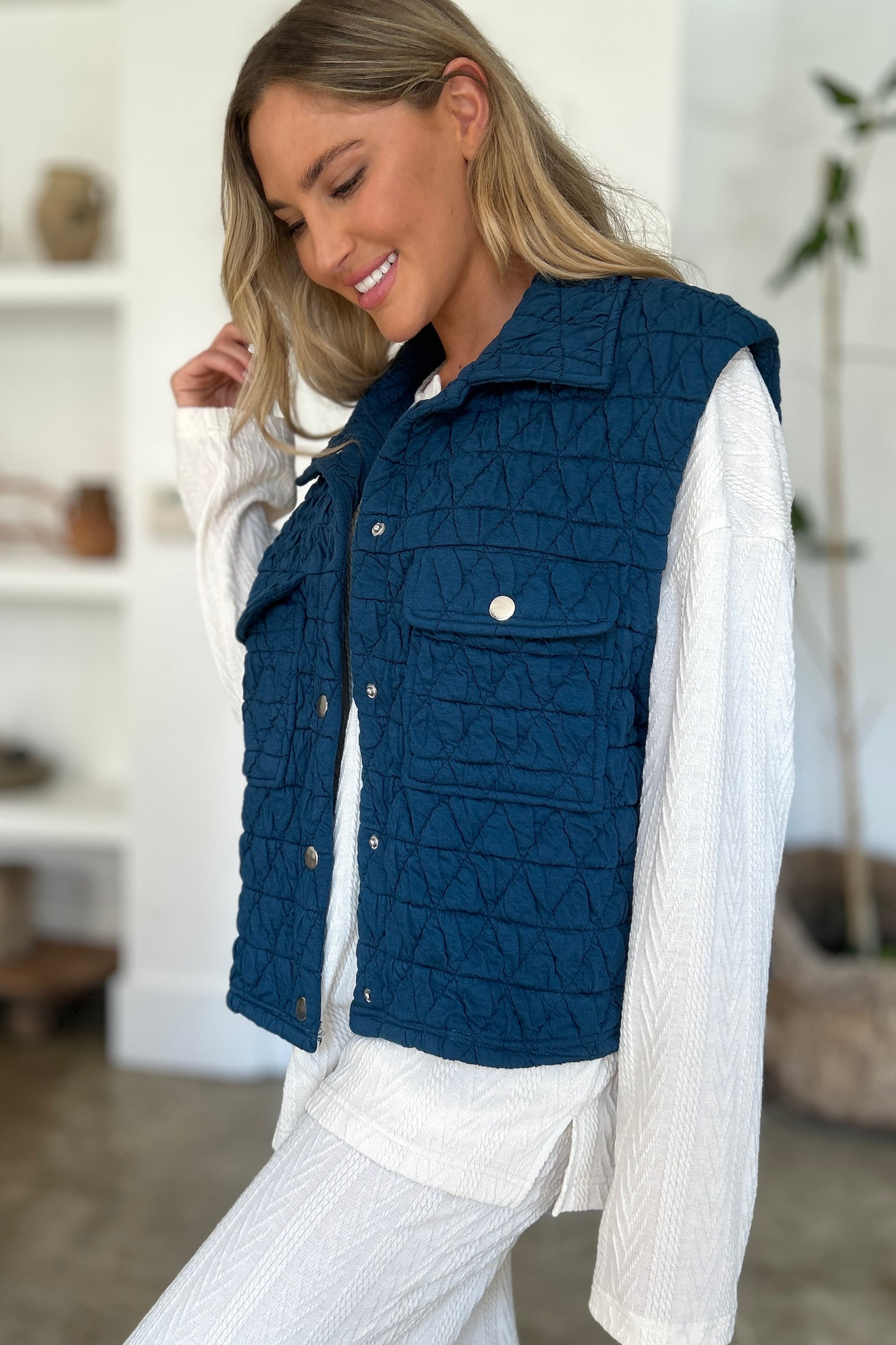 Double Take Full Size Pocketed Texture Snap Down Vest Coat - Scarlett's Riverside Boutique