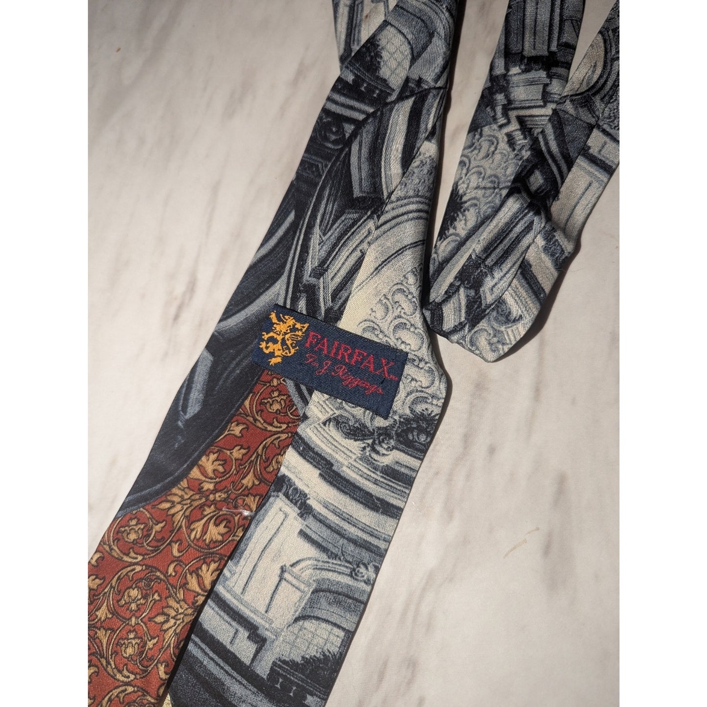 Fairfax 100% Silk Necktie Gray Architectural Print Red Gold Baroque Classic Tie