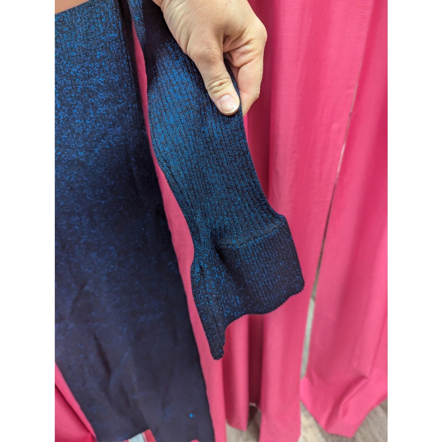 NWT LOFT Blue Shimmer Sweater Dress Size Large | Metallic Knit Midi Bodycon Bell
