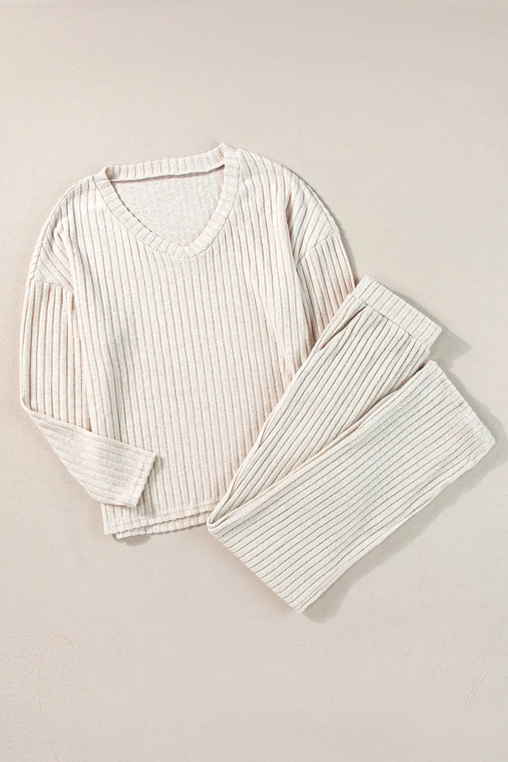Khaki Ribbed Knit V Neck Slouchy Two-piece Outfit - Scarlett's Riverside Boutique