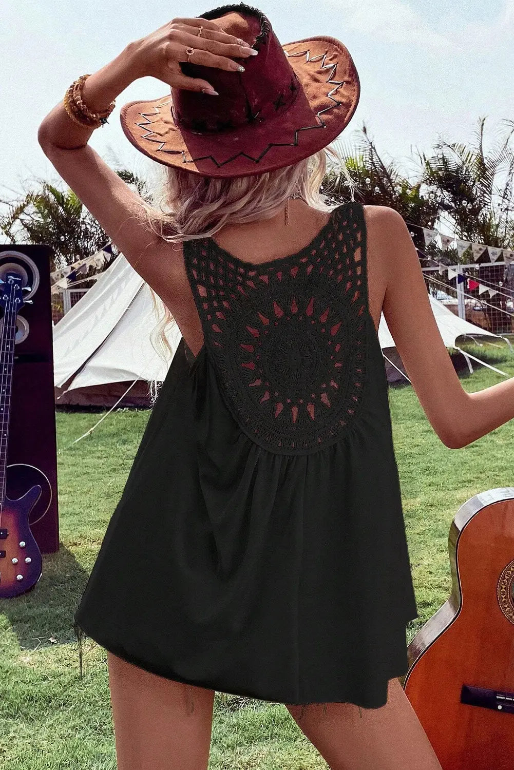 Black Bohemian Crochet Patchwork Sleeveless Tunic - Scarlett's Riverside Boutique