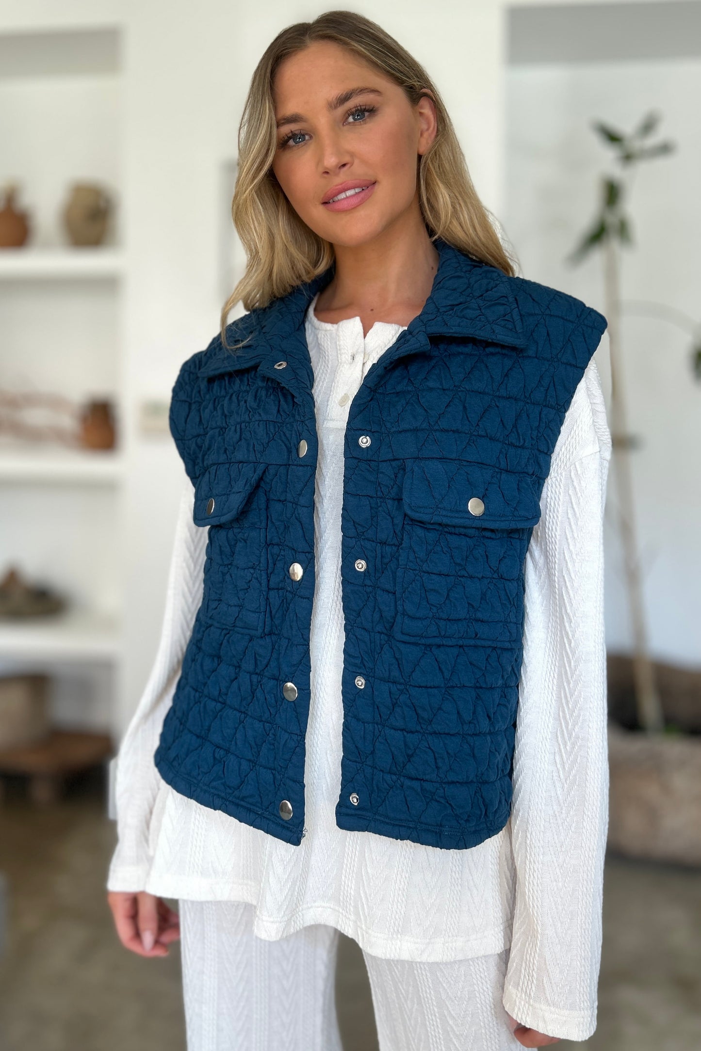 Double Take Full Size Pocketed Texture Snap Down Vest Coat - Scarlett's Riverside Boutique
