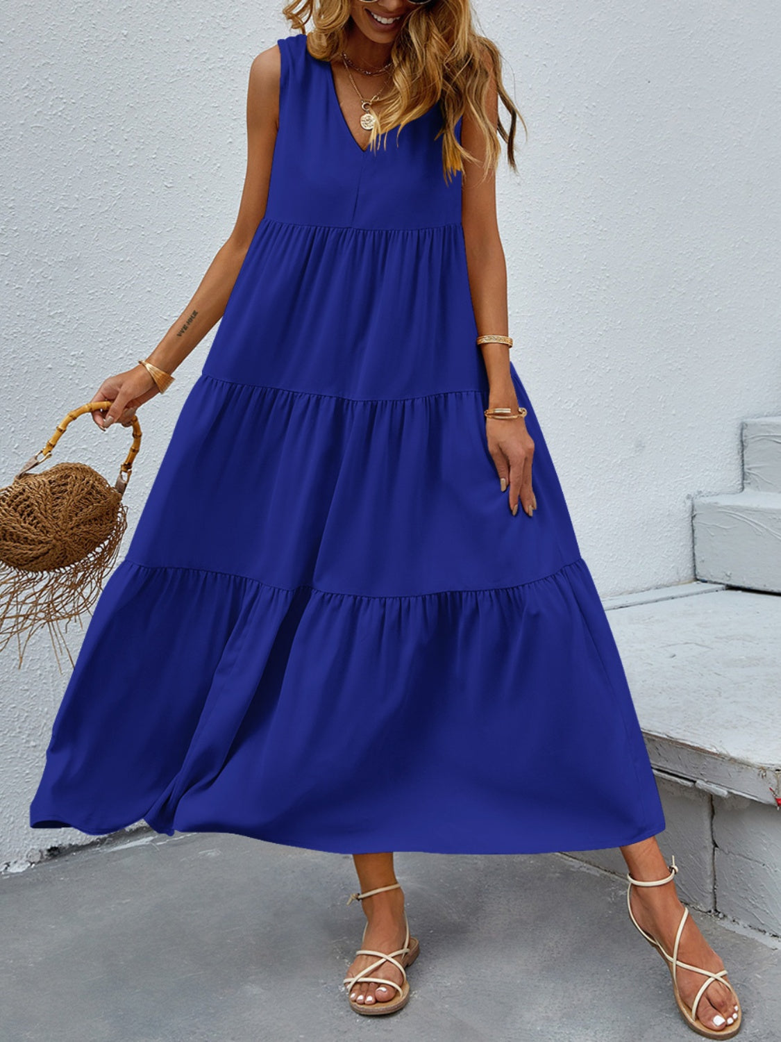 Tiered V-Neck Sleeve Dress - Scarlett's Riverside Boutique