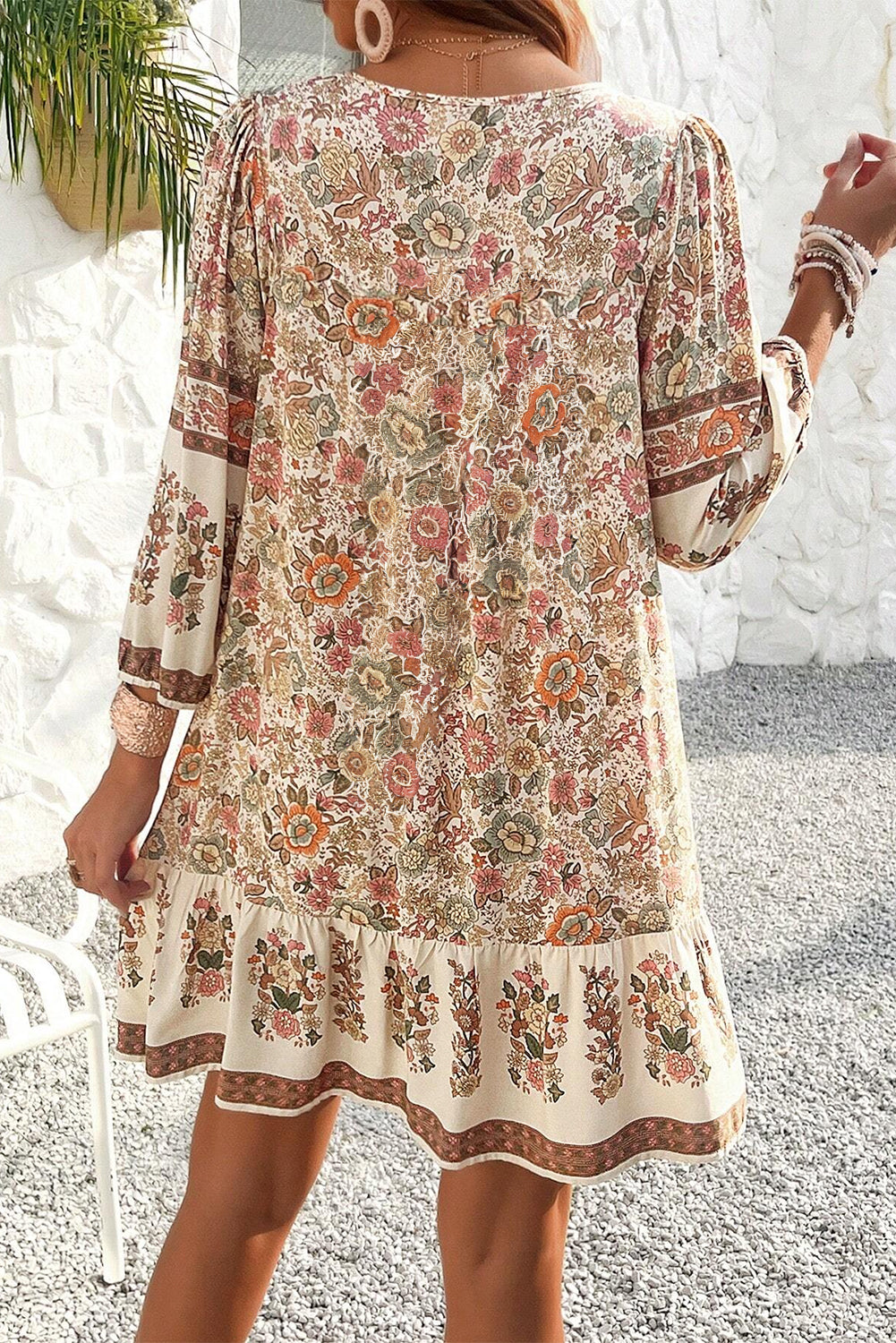 Apricot Floral Print Tassel Drawstring V Neck Loose Mini Dress - Scarlett's Riverside Boutique