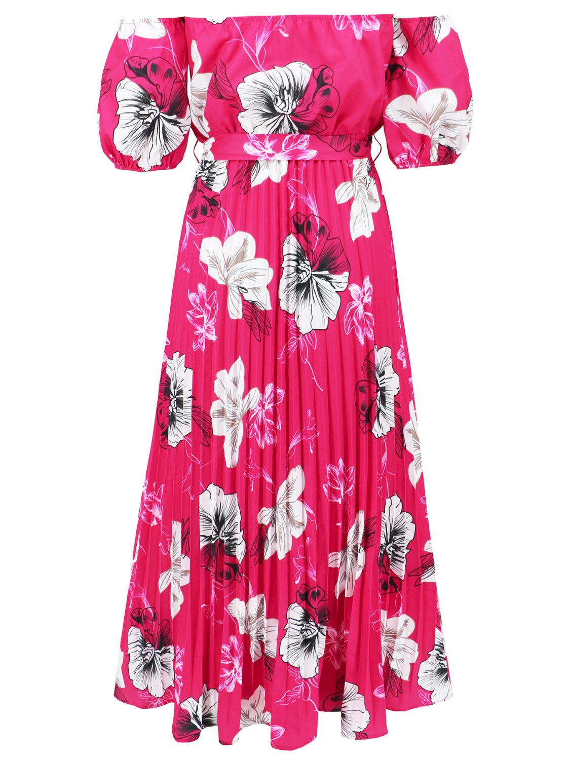 Pleated Floral Off-Shoulder Short Sleeve Midi Dress - Scarlett's Riverside Boutique