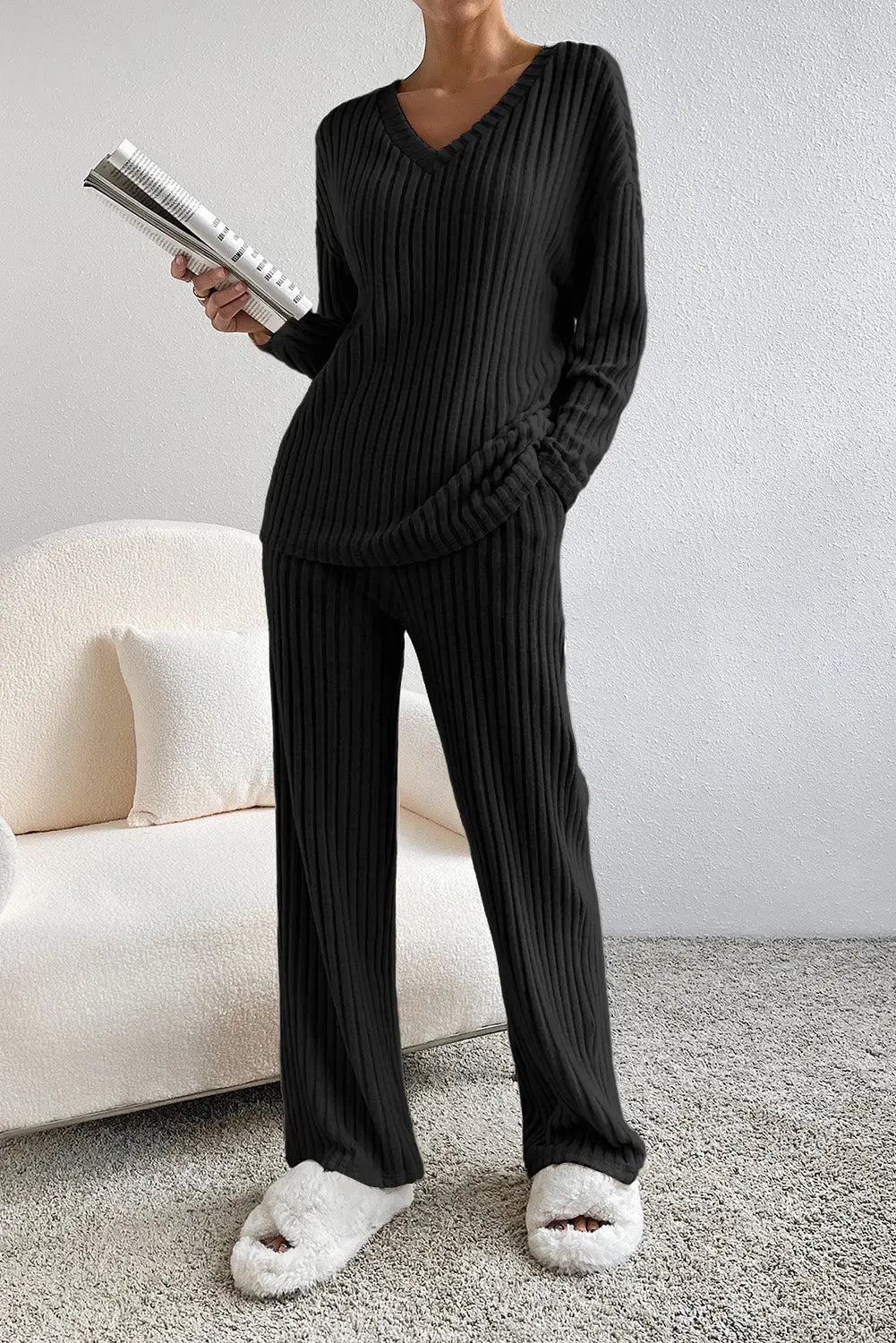 Black Ribbed Knit V Neck Slouchy Two-piece Outfit - Scarlett's Riverside Boutique