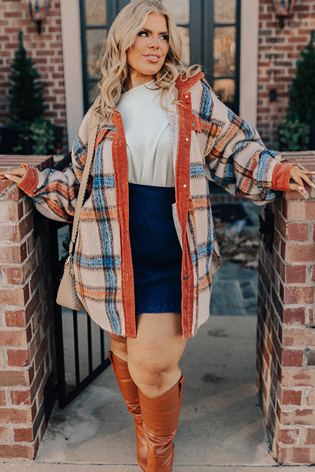 Brown Stripe Plus Size Plaid Print Collared Buttoned Jacket - Scarlett's Riverside Boutique