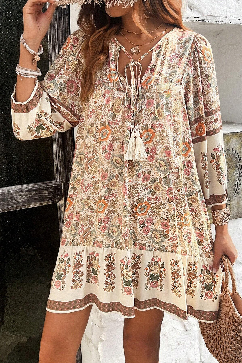 Apricot Floral Print Tassel Drawstring V Neck Loose Mini Dress - Scarlett's Riverside Boutique