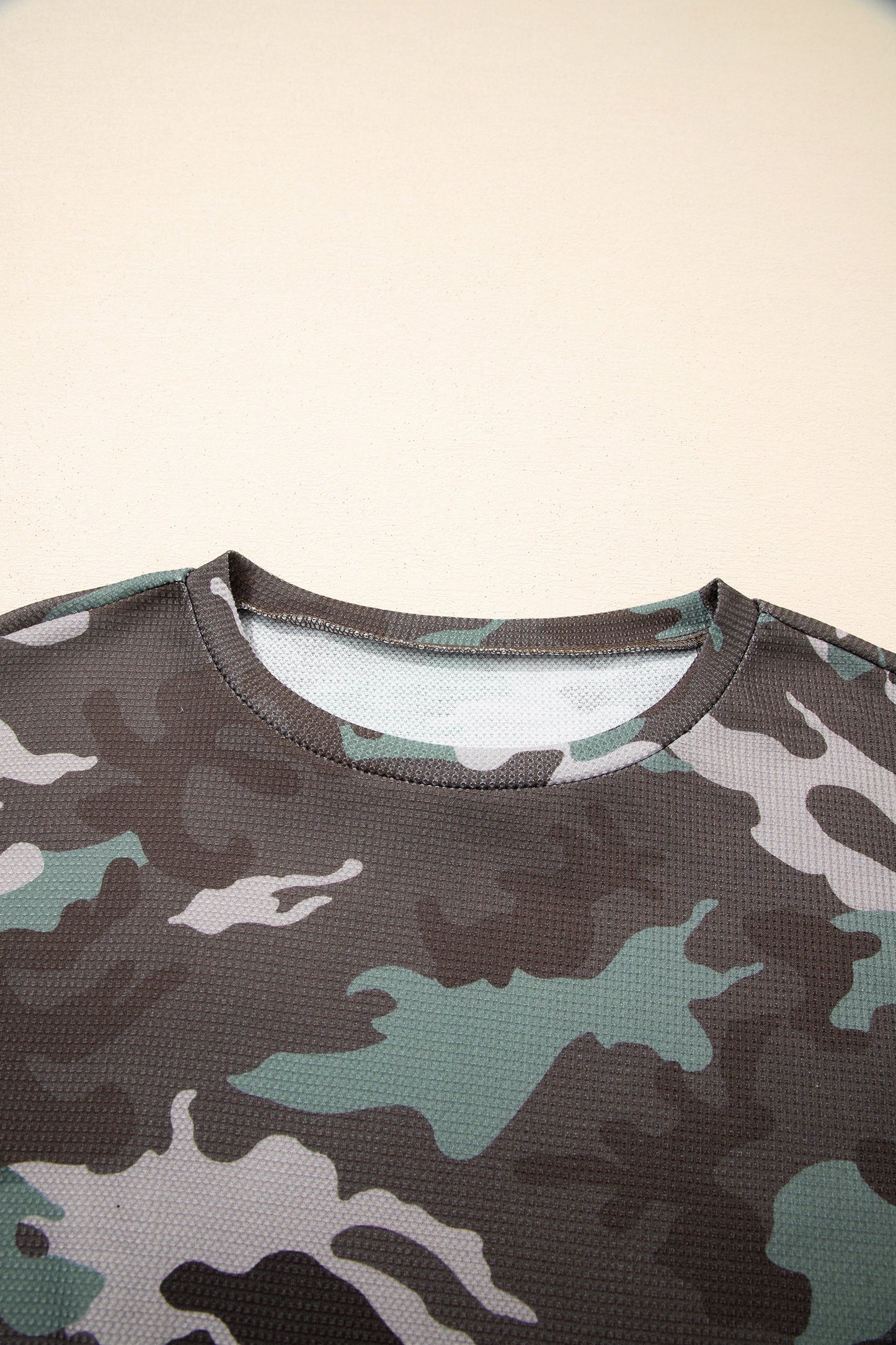 Green Camouflage Print Textured Drop Shoulder Long Sleeve Top