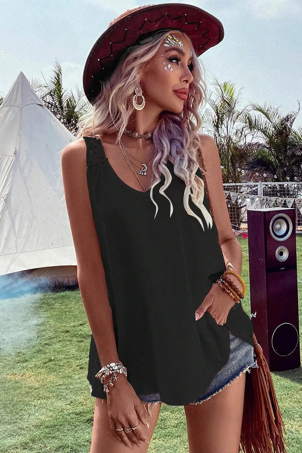 Black Bohemian Crochet Patchwork Sleeveless Tunic - Scarlett's Riverside Boutique