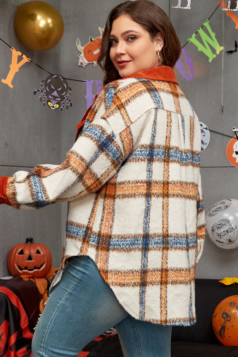 Brown Stripe Plus Size Plaid Print Collared Buttoned Jacket - Scarlett's Riverside Boutique