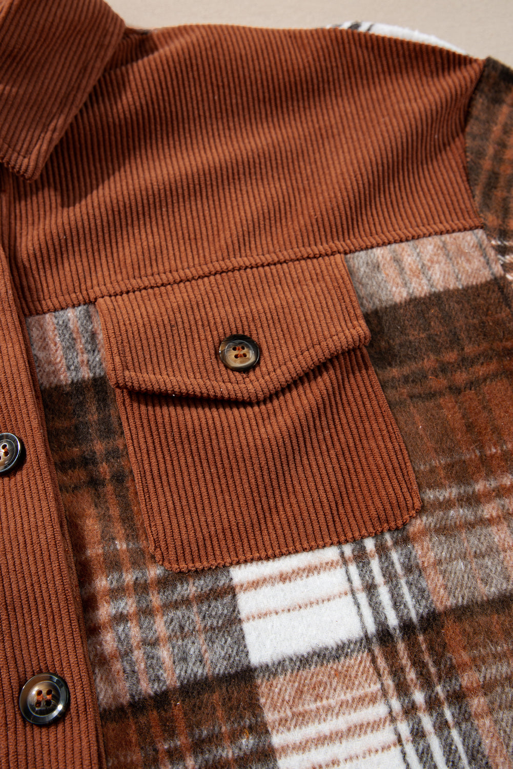 Cinnamon Plaid Corduroy Patchwork Chest Pocket Shacket - Scarlett's Riverside Boutique