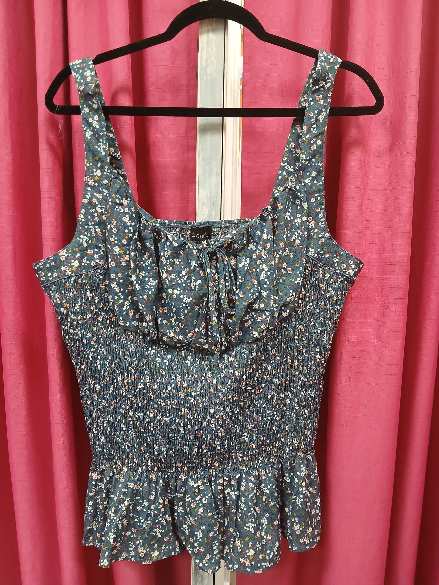 Navy floral scrunch spaghetti blouse - Scarlett's Riverside Boutique