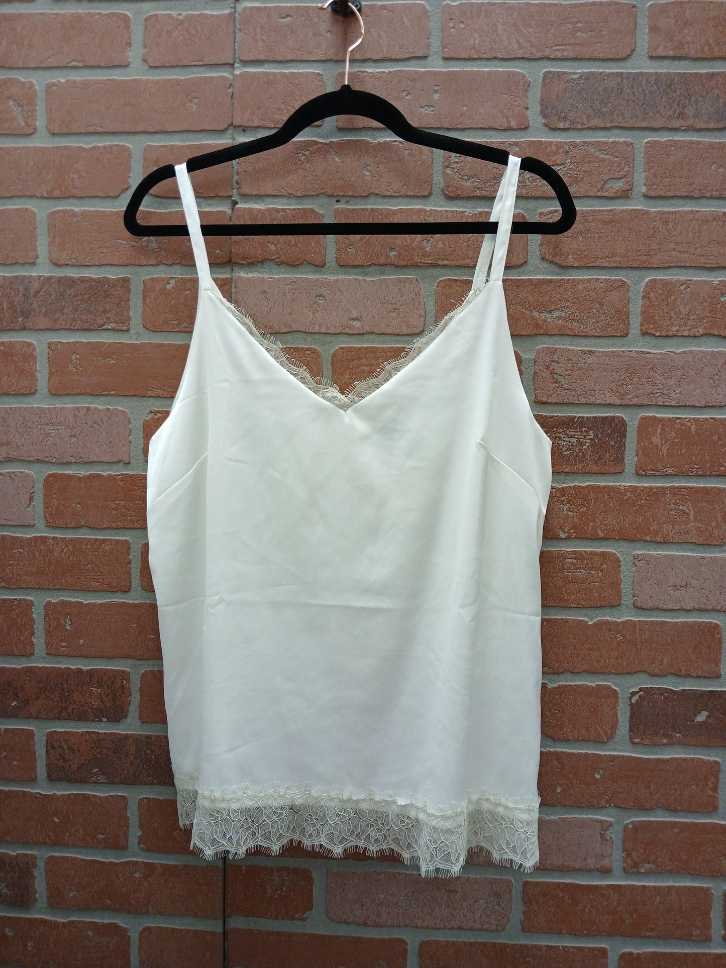 White Silk with Lace Trim Spaghetti Strap Blouse - Scarlett's Riverside Boutique