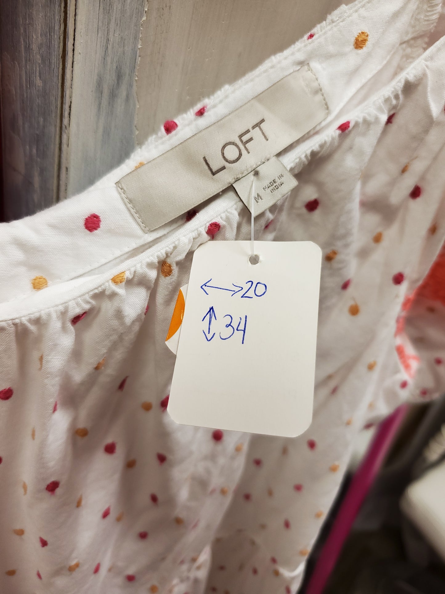 Loft White Dress w/ Orange & Pink Polka Dots. Sz M RS 29 - Scarlett's Riverside Boutique
