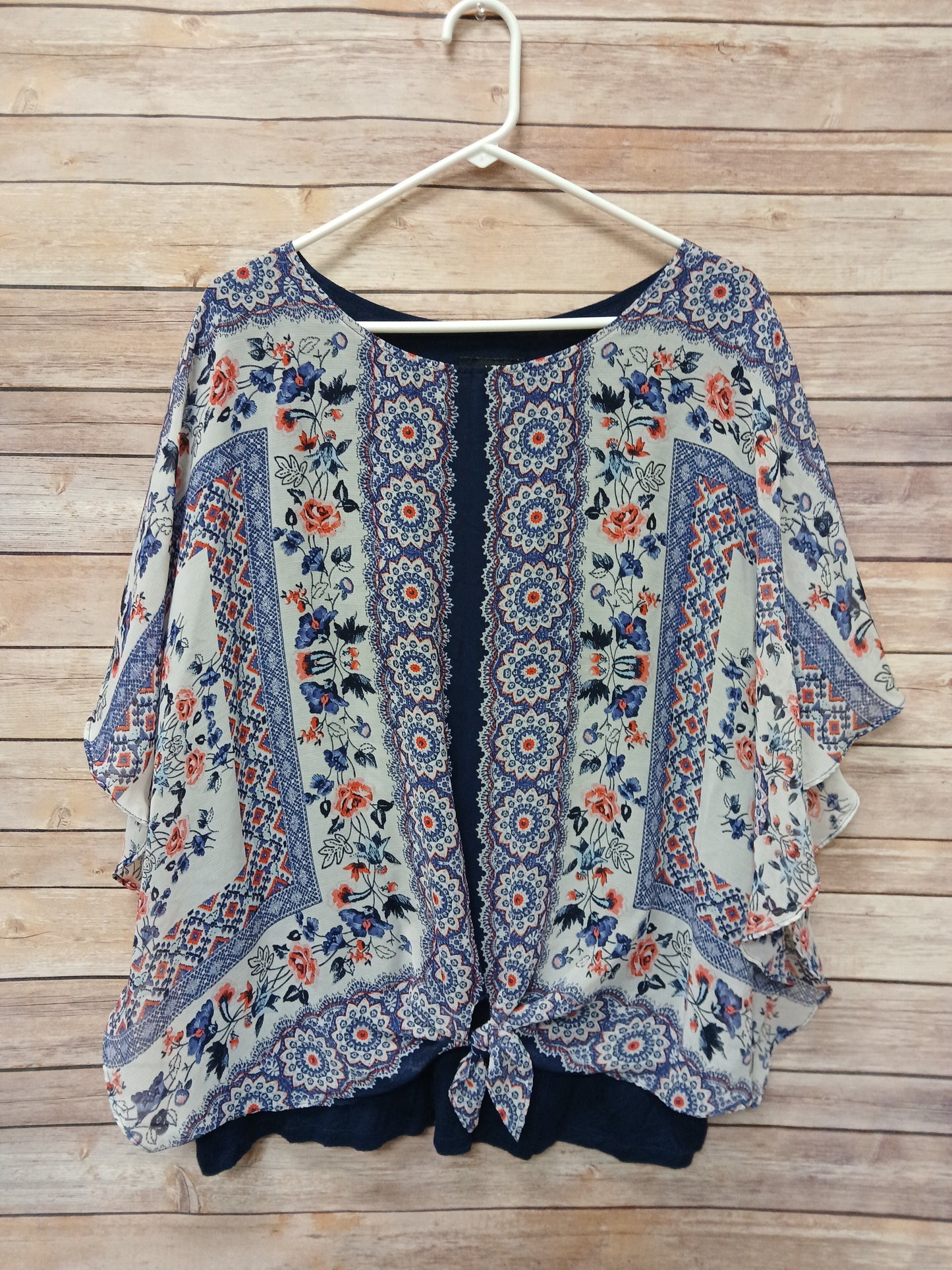 AGB Blue and Red Floral Tie Blouse. Size 2X. RS 68 - Scarlett's Riverside Boutique
