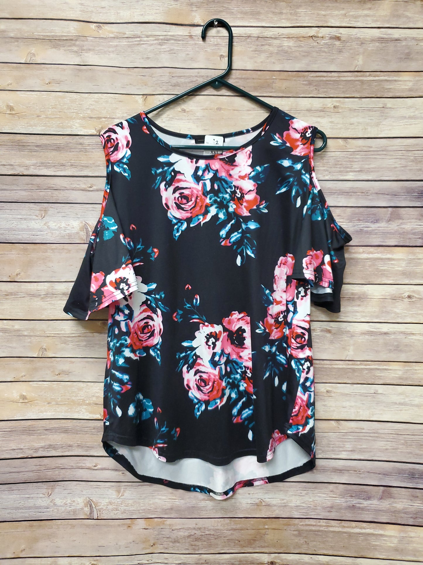 Black Floral Print Cold Shoulder Blouse. Size 2X. RS 2. - Scarlett's Riverside Boutique