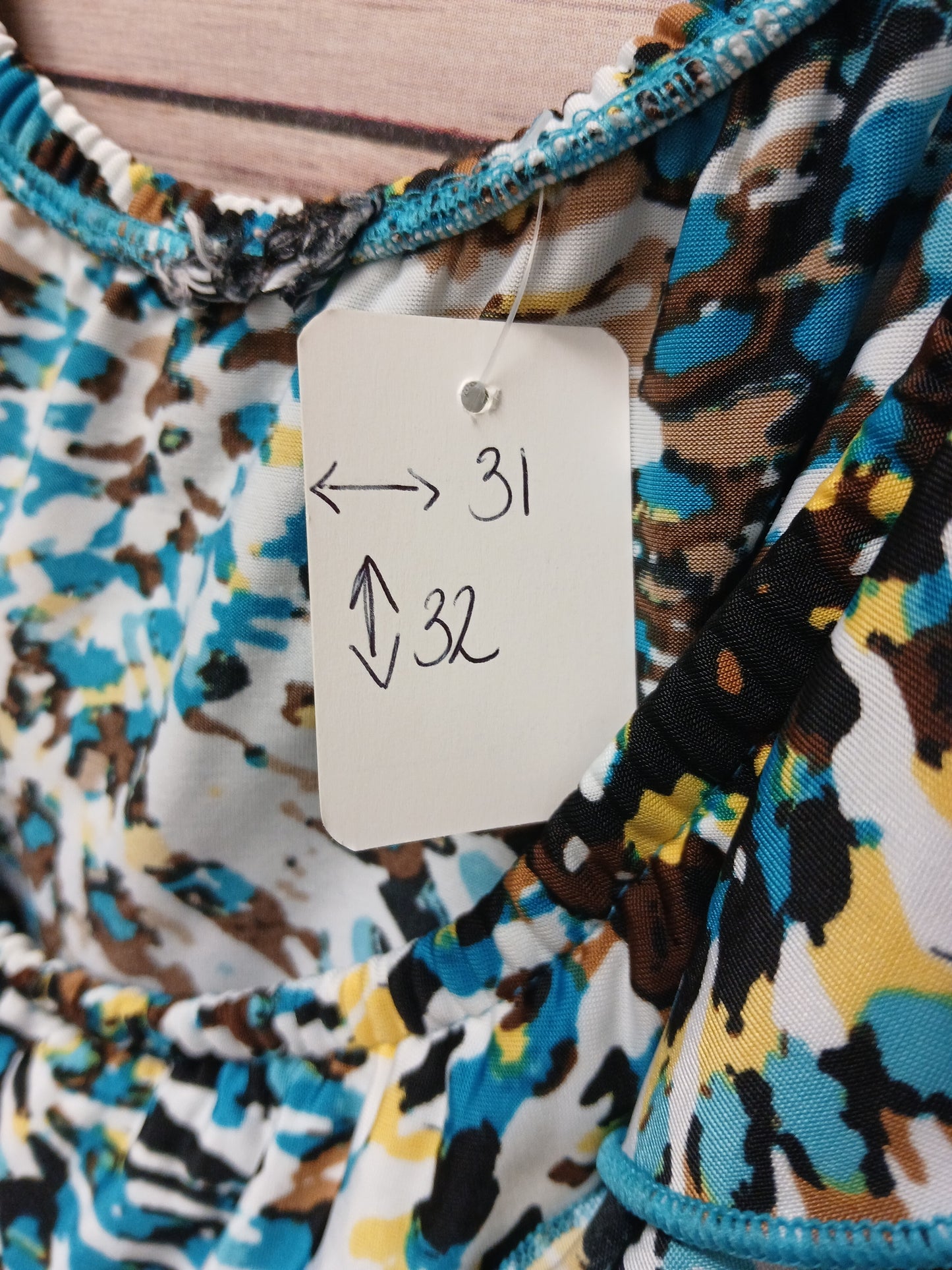 Women’s Abstract Print Ruffle Scoop Neck Top | Blue Teal Brown | Size 2XL #68