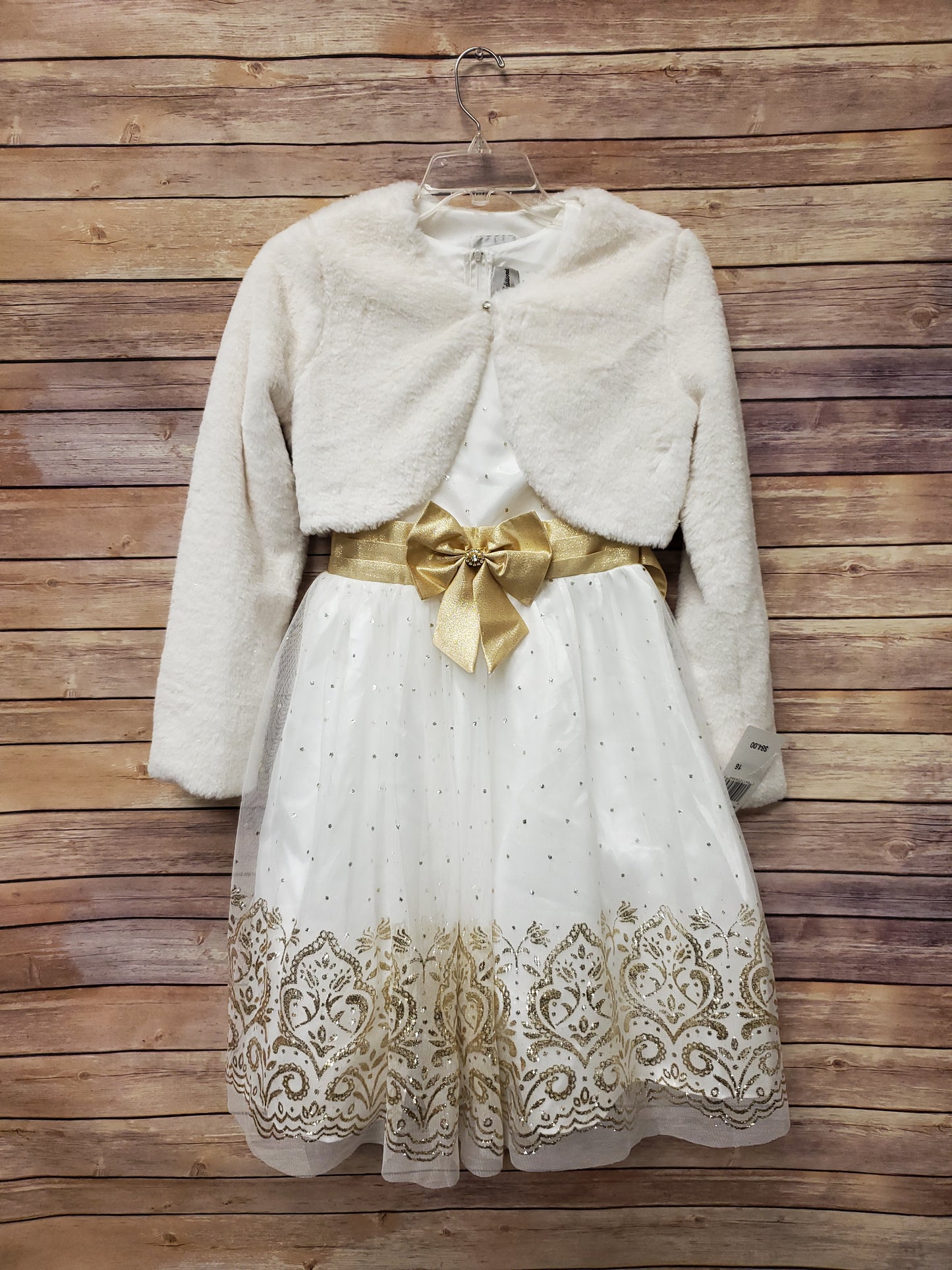 Rare Editions 2 Piece Cream & Gold Sparkle Dress Set. Size 16y. NWT. RS 97