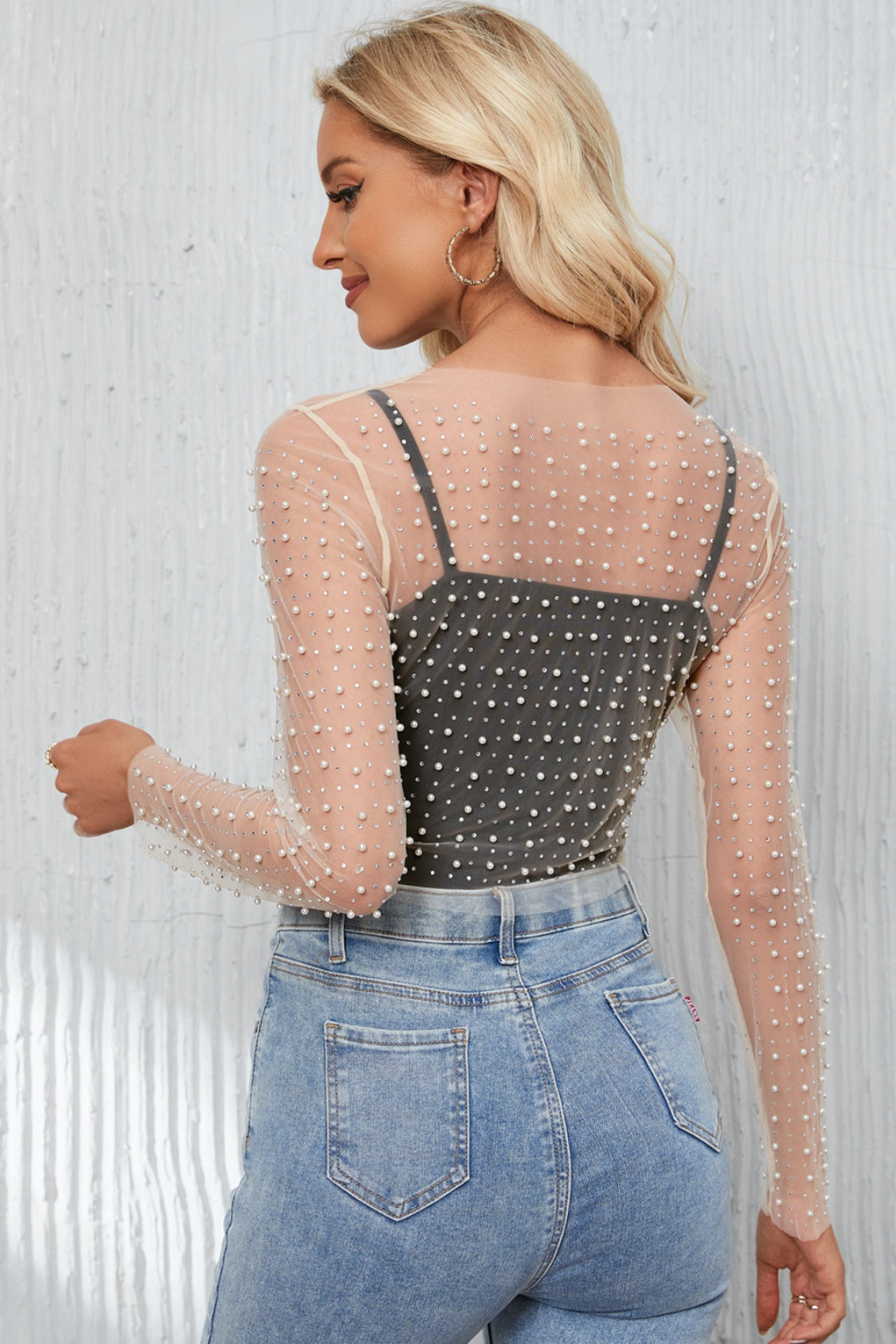 Pearl Long Sleeve Mesh Cropped Top - Scarlett's Riverside Boutique