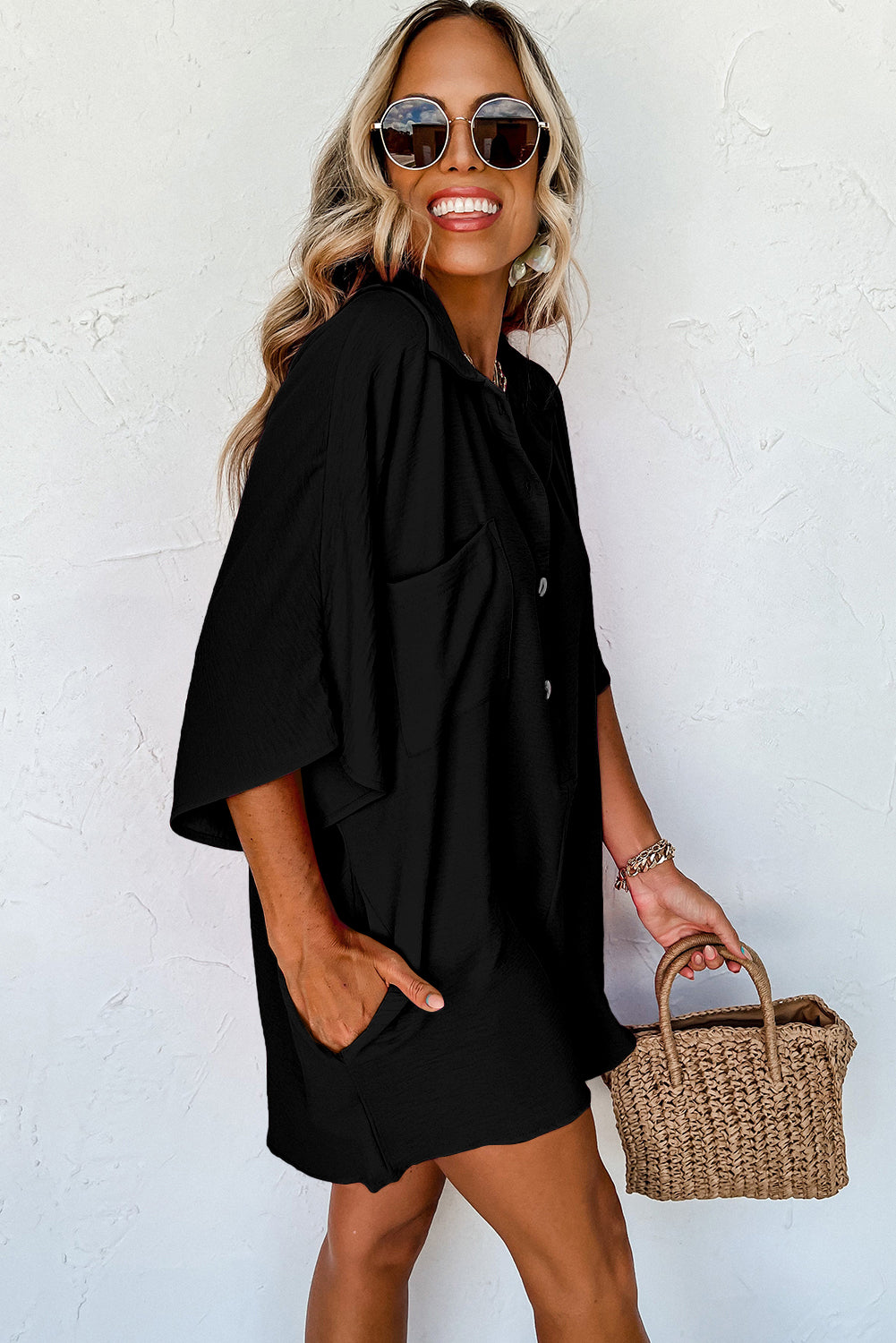 Black Half Button Collared Loose Romper - Scarlett's Riverside Boutique