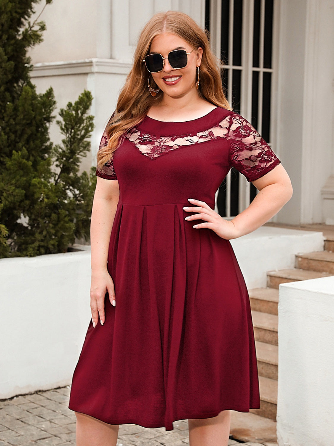 Plus Size Ruched Round Neck Short Sleeve Dress - Scarlett's Riverside Boutique
