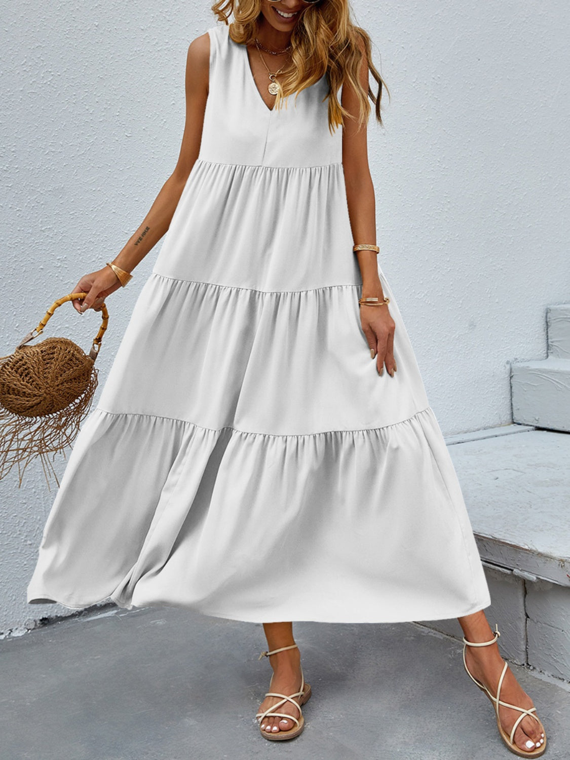 Tiered V-Neck Sleeve Dress - Scarlett's Riverside Boutique
