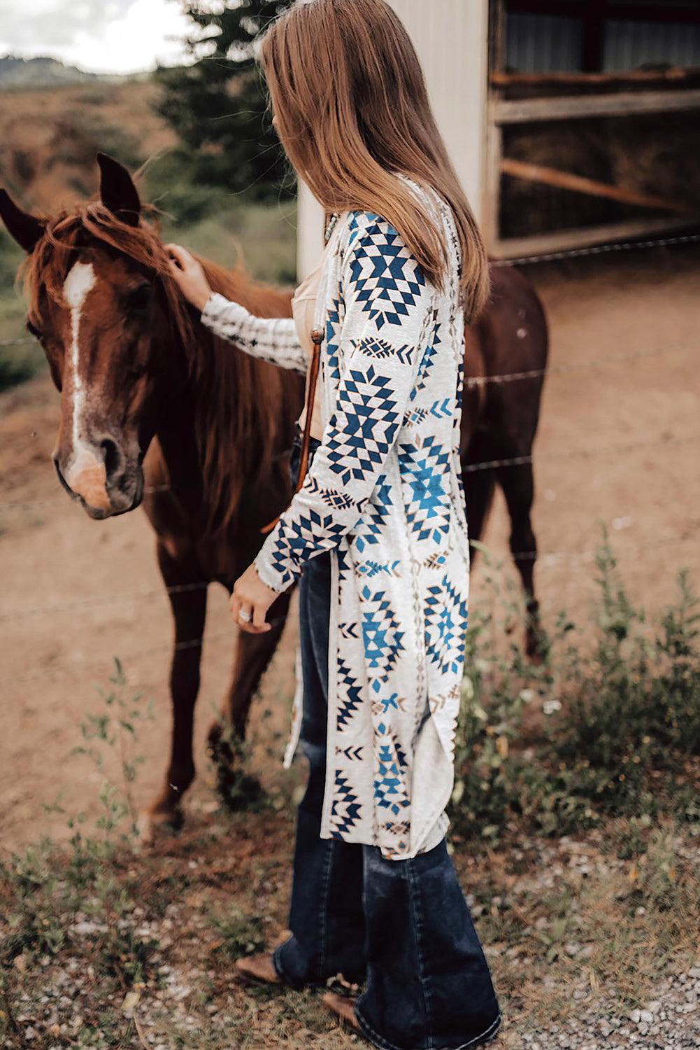 Sky Blue Western Aztec Printed Open Front Long Cardigan - Scarlett's Riverside Boutique