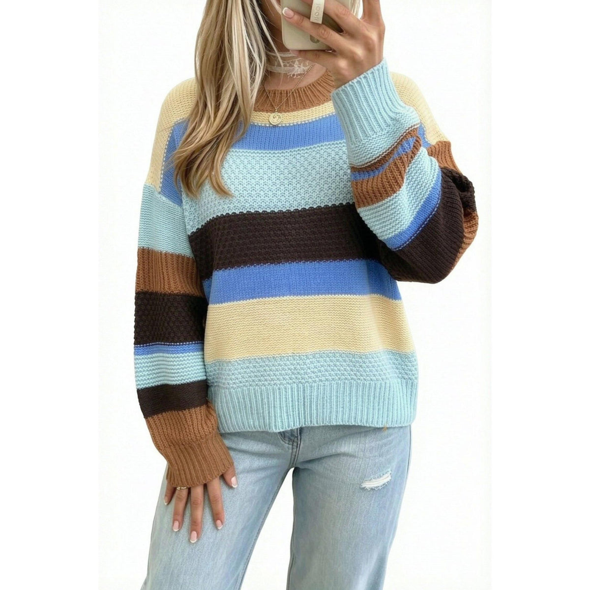 Multicolour Color Block Striped Round Neck Relaxed Sweater