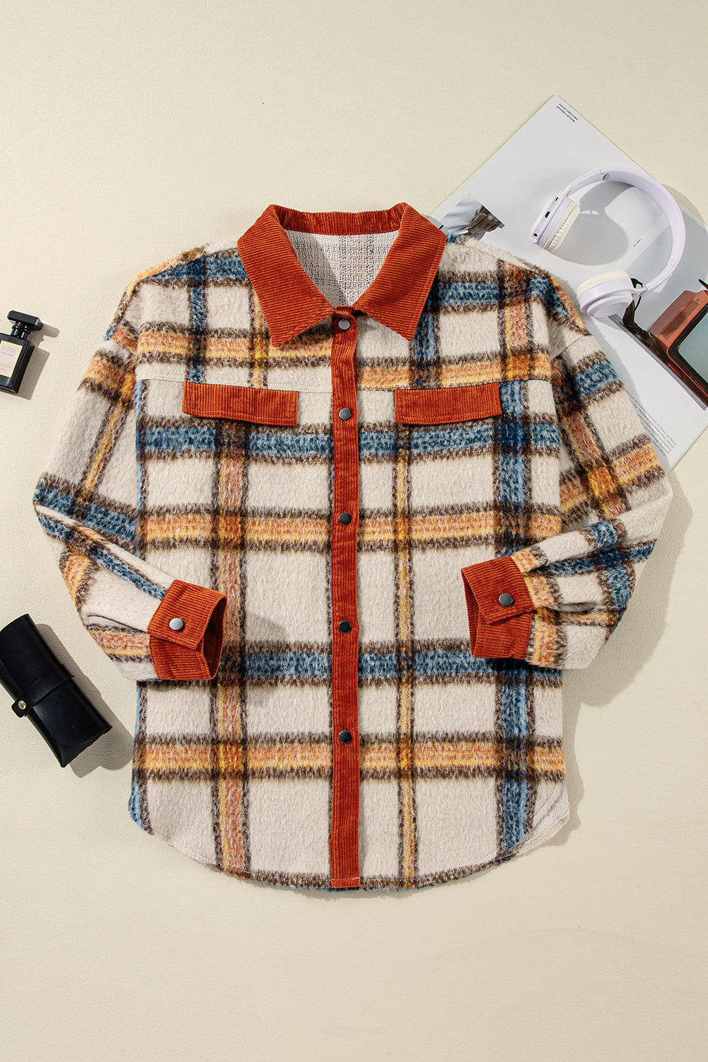 Brown Stripe Plus Size Plaid Print Collared Buttoned Jacket - Scarlett's Riverside Boutique