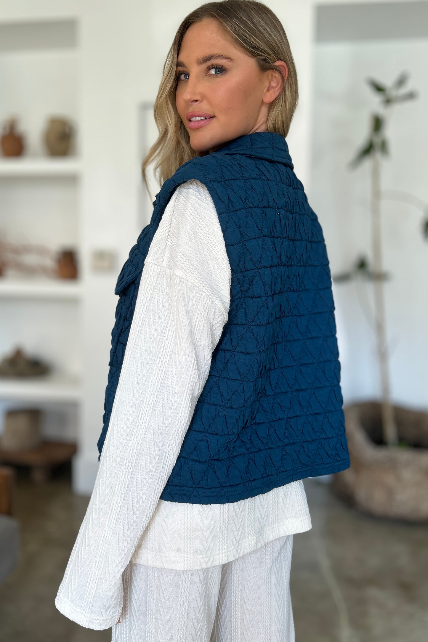 Double Take Full Size Pocketed Texture Snap Down Vest Coat - Scarlett's Riverside Boutique