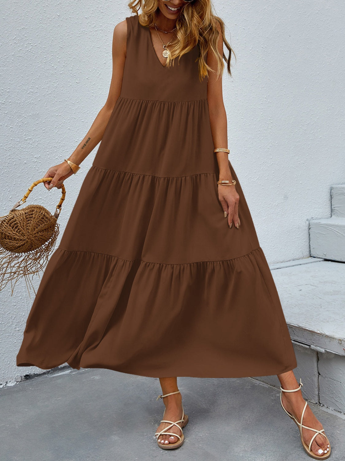 Tiered V-Neck Sleeve Dress - Scarlett's Riverside Boutique