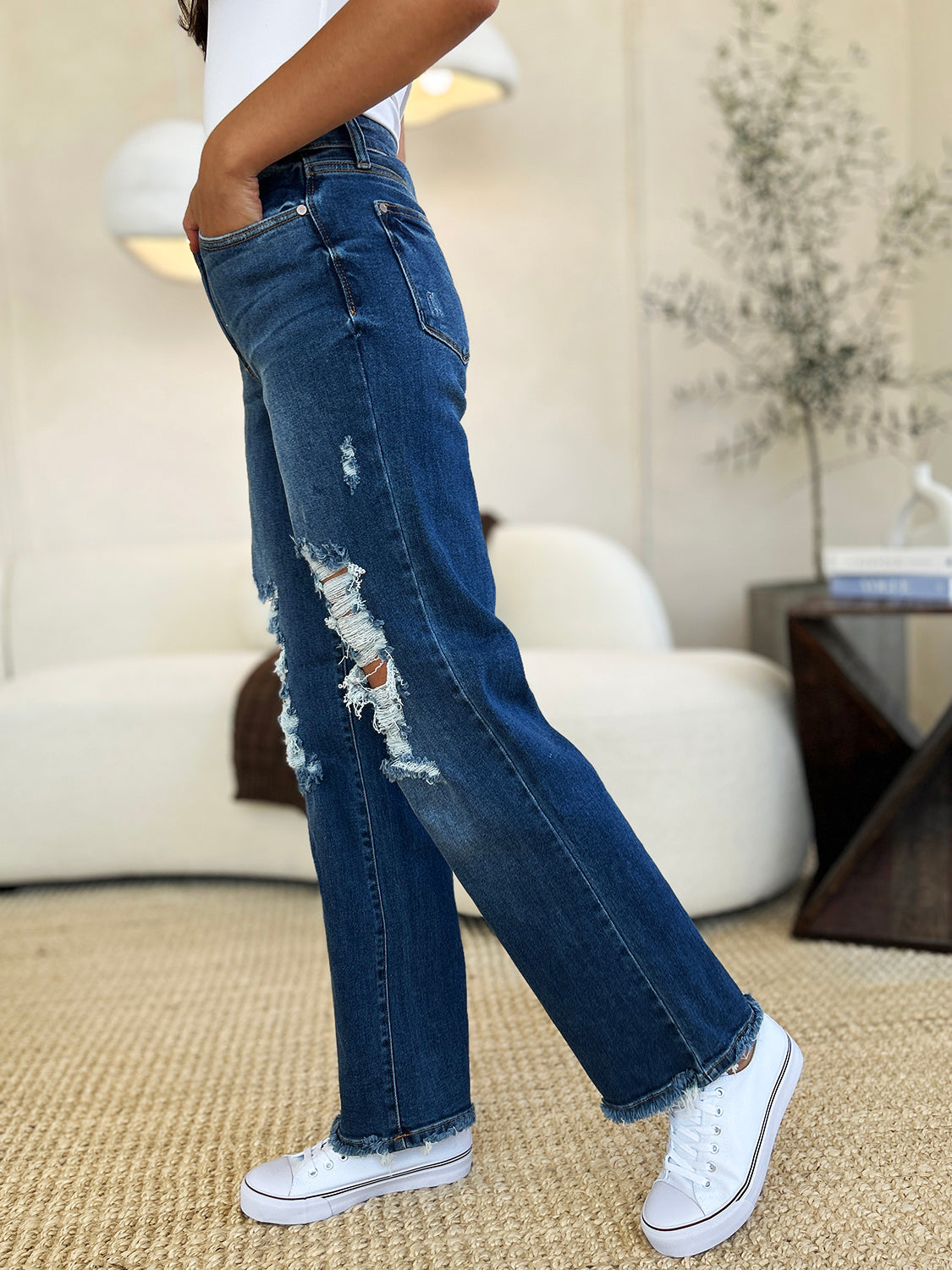 Judy Blue Full Size Mid Rise Distressed Raw Hem Jeans. 32" inseam - Scarlett's Riverside Boutique