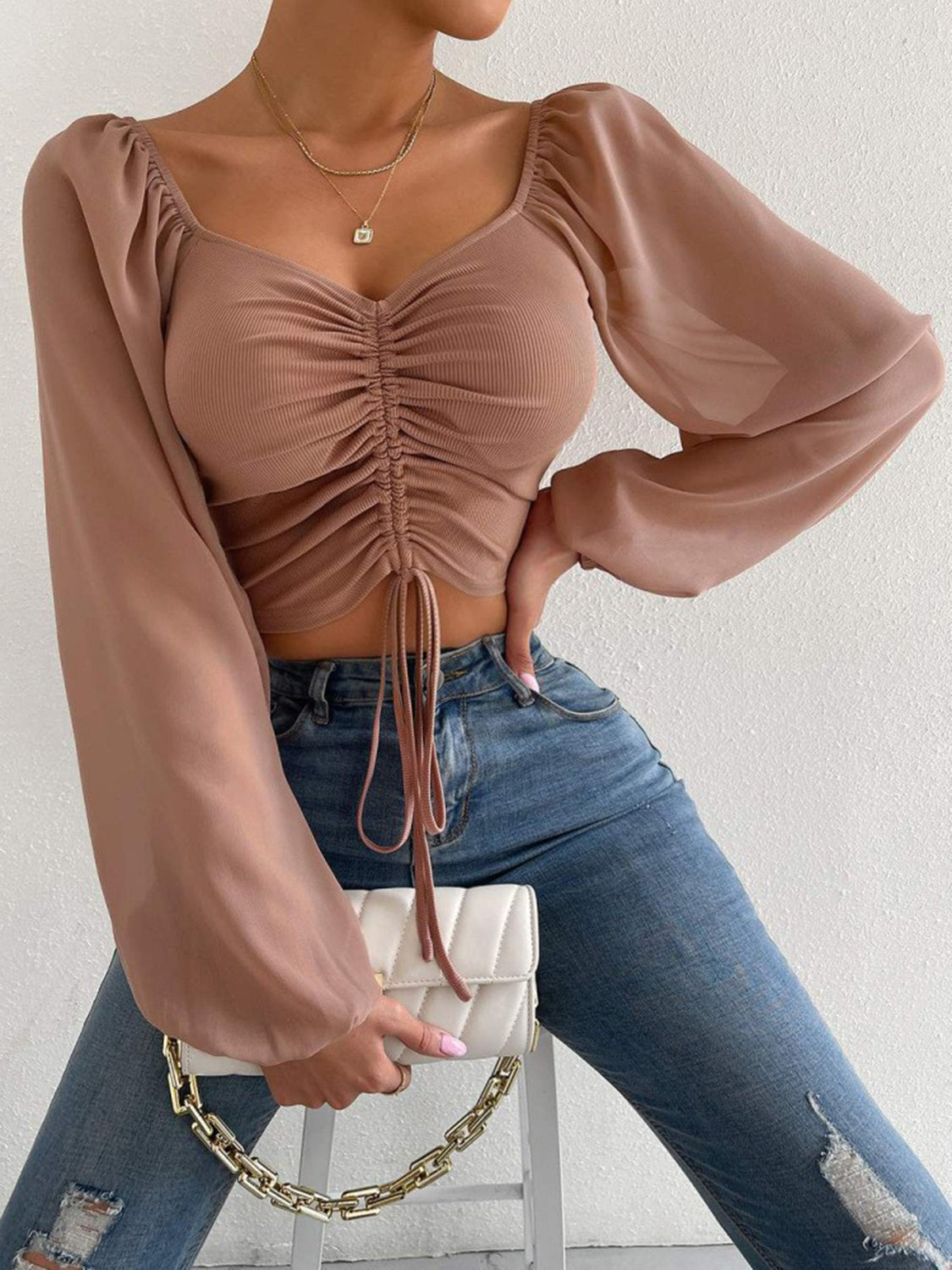 Drawstring Sweetheart Neck Cropped Top - Scarlett's Riverside Boutique