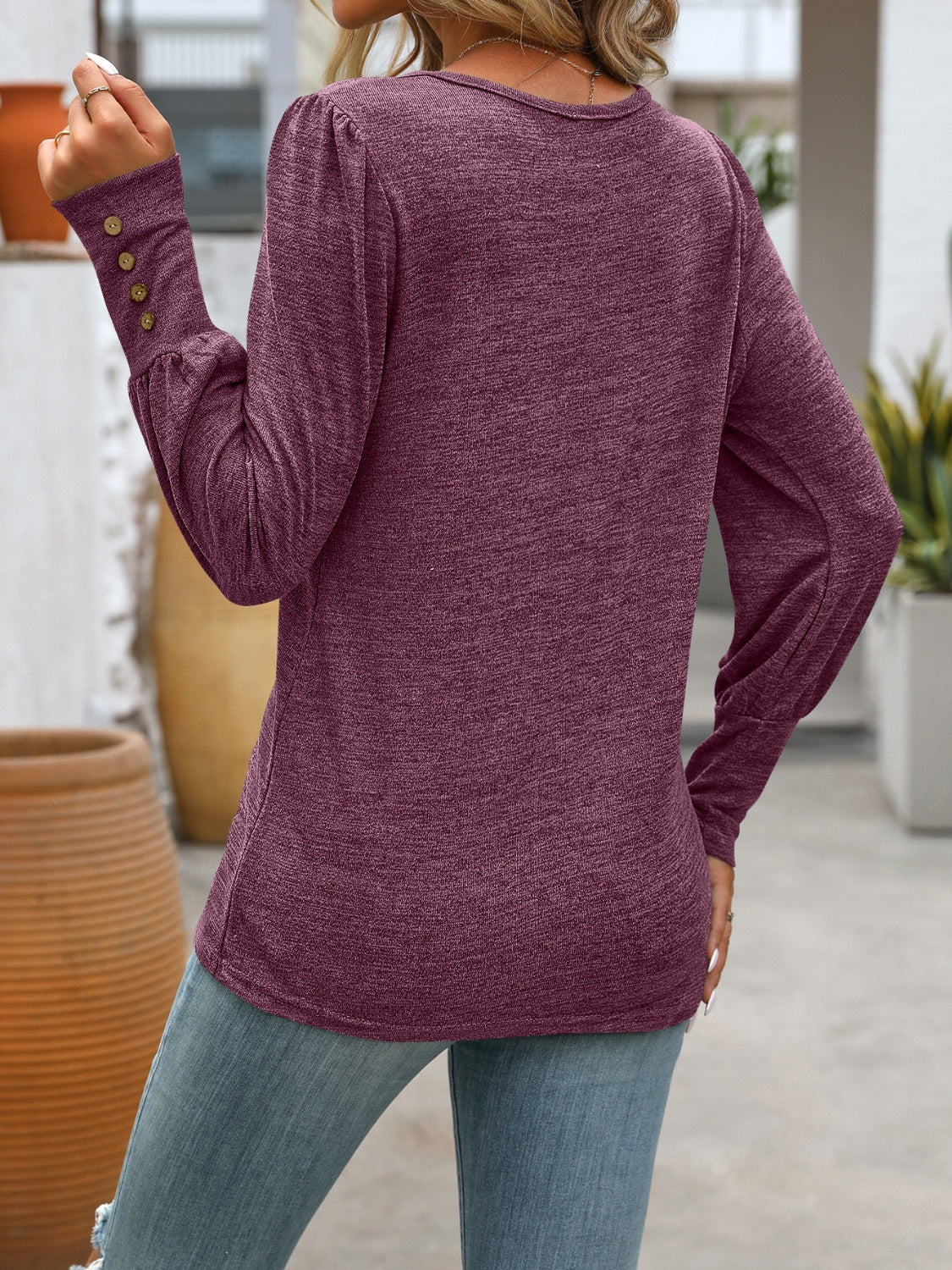 Decorative Button Round Neck Long Sleeve T-Shirt - Scarlett's Riverside Boutique