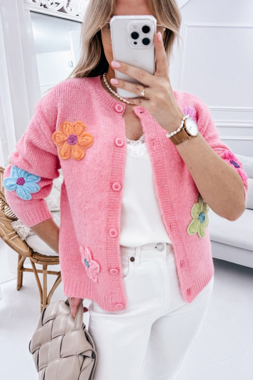 Pink Cute Knitted Floral Pattern Button Up Cardigan - Scarlett's Riverside Boutique