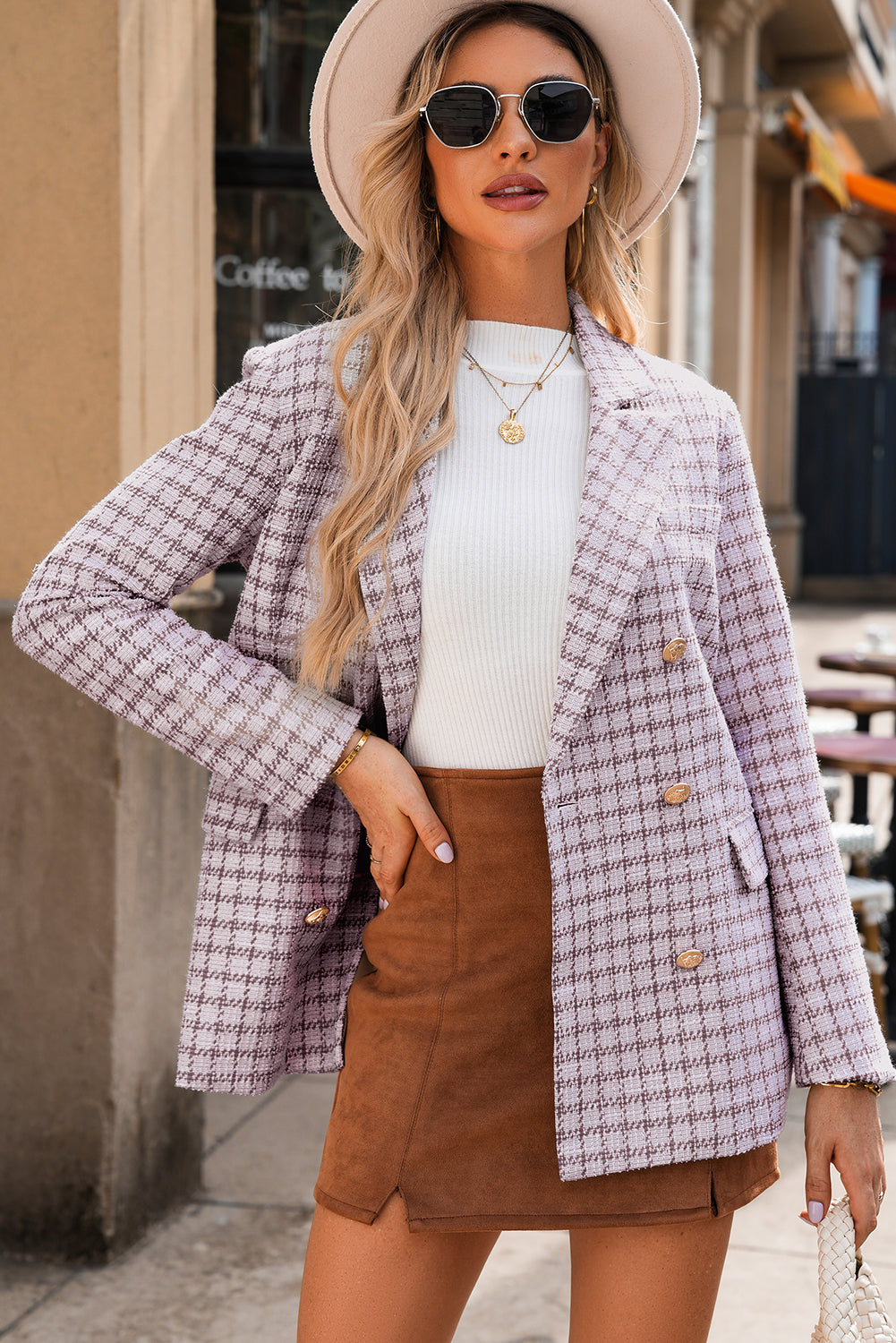 Pink Plaid Tweed Blazer Women’s Double Breasted Gold Button Jacket Chic Office Layer