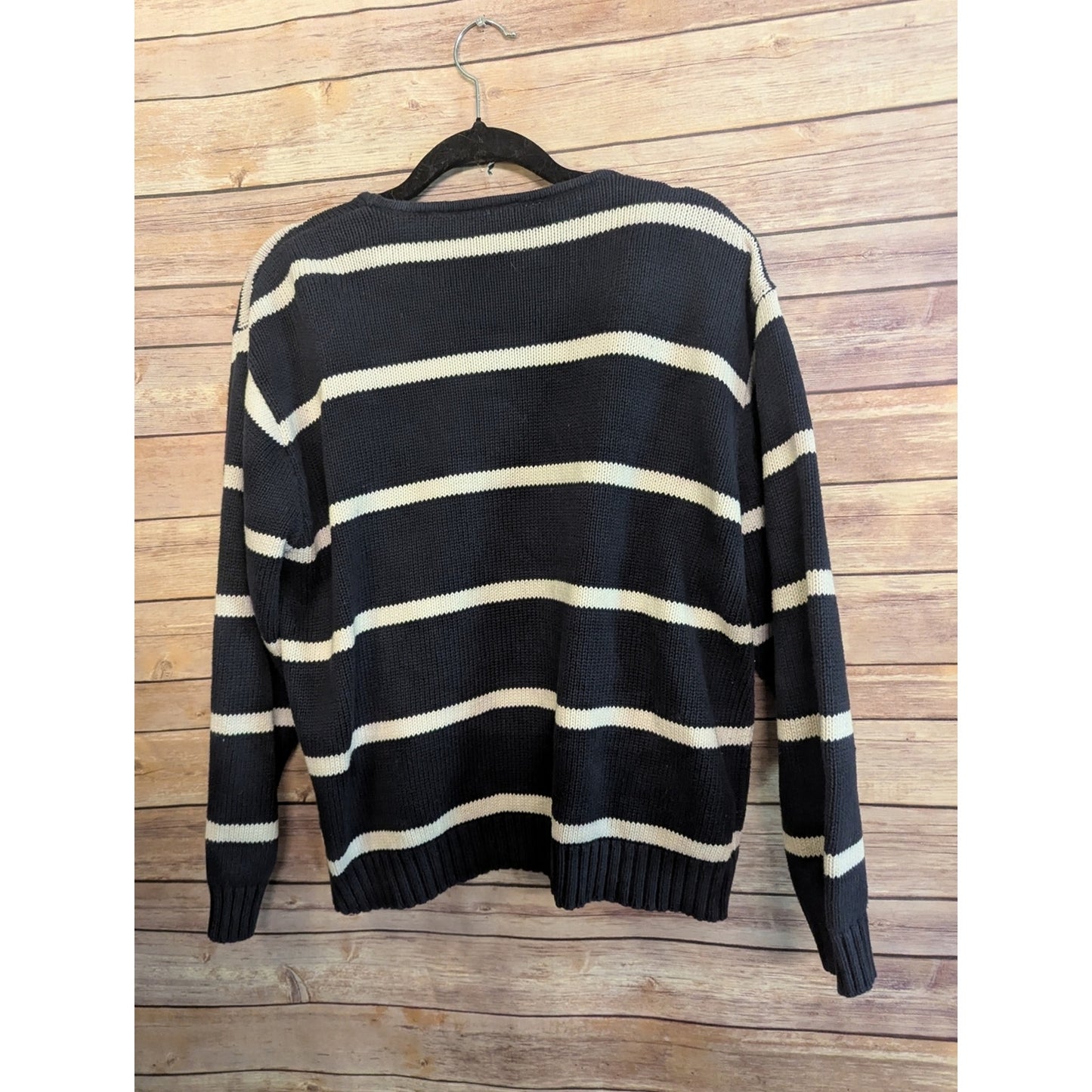 Liz Claiborne Petite Large Black White Striped Zip Front Knit Cardigan Sweater