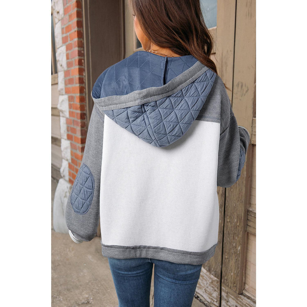 Blue Quilted Patchwork Loose Fit Hooded Jacket